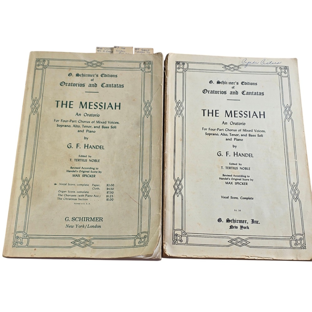 G. F. Handel The Messiah Vocal Score Complete G. Schirmer 2 Copies Vintage Sheet